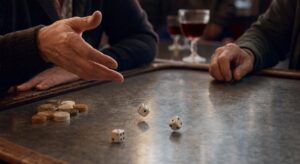 Trois dés lancés sur le zinc d'un bistrot, avec des jetons de 421