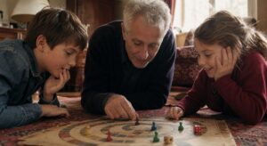 Enfants et grand-père penchés sur un plateau de jeu de l'oie
