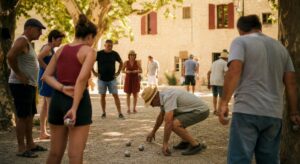 Joueurs de pétanque sur une place de village, boules près du cochonnet