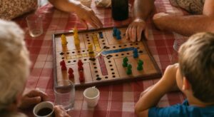 Plateau des petits chevaux et pions de couleur sur une table de famille