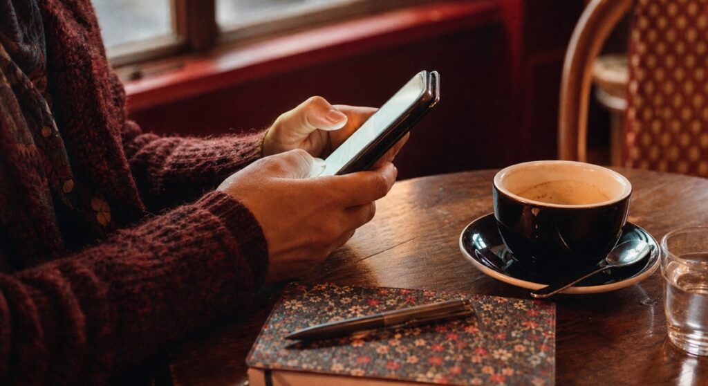 Mains tenant un téléphone dans un café, partie de puzzle en cours