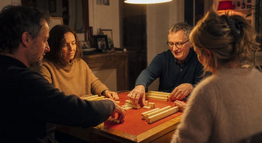 Quatre joueurs autour d'une table de mahjong et leurs murs de tuiles