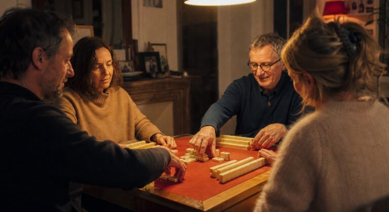 Quatre joueurs autour d'une table de mahjong et leurs murs de tuiles